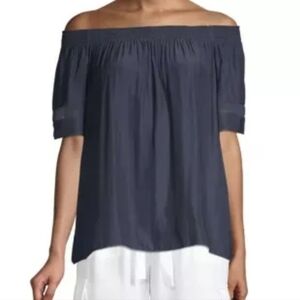 Ramy Brook Jessica Off-Shoulder Navy Blouse With Sheer Insert At Sleeve Size L